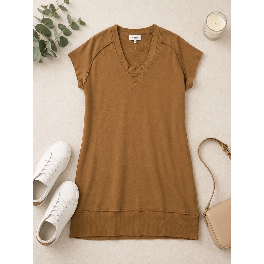 Hyden‎ Yoo Womens Brown Short Sleeve French Terry Sweatshirt Dress Size S